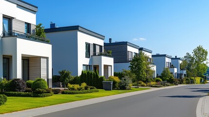 Obraz premium A row of houses with a green lawn in front of them