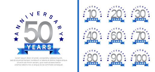 anniversary set logotype. vector design silver color with blue ribbon can be use for celebration