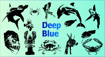 Deep Blue set of graphic resources. Photocopy and halftone effect for grunge, punk, y2k, pulp, pop collage, poster, tshirt design. Vector illustration with elements on separate background.