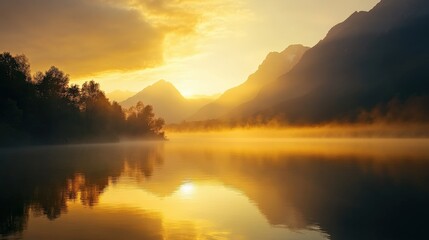 Obraz premium Gentle mist hovers over a serene mountain lake at sunrise, where soft light illuminates the landscape, creating a picturesque and calming atmosphere