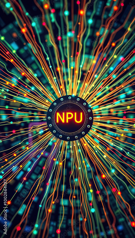 Poster neural processing unit background with futuristic npu artificial intelligence processor circuit lines with colorful energy trails technology backdrop vertical format