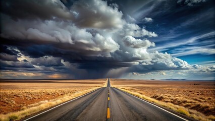 A long straight road in the desert with dark clouds in the sky, minimalist style