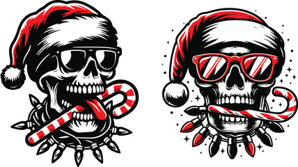 Unique christmas skulls with Santa hats, sunglasses, light and candy canes two various funny poses