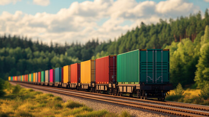 Fototapeta premium Railway Freight Transport: A long freight train carrying a variety of goods through a scenic landscape, representing the vital role of railways in the transportation business.