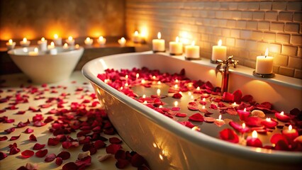 A luxurious bathtub filled with rose petals and surrounded by lit candles