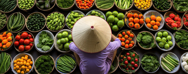 banner of woman in traditional market in Vietnam