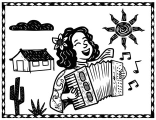 Accordion player in a bucolic setting. Woodcut style and popular literature from the Brazilian Northeast. Separate vectors.