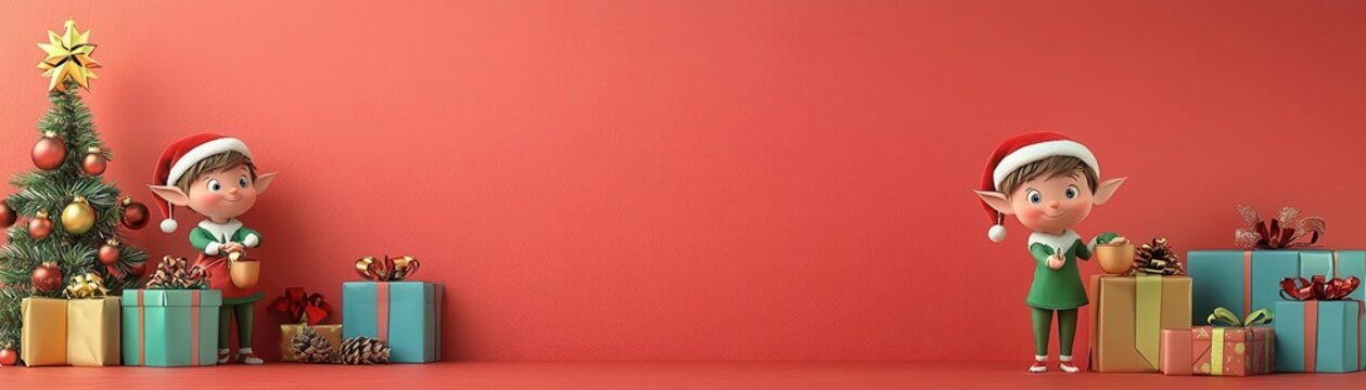 4K Realistic Animation of Christmas elves working hard, red background