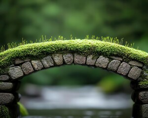 Fototapeta premium Lush green moss growing over an ancient stone bridge spanning a calm stream, moss and stone, serenity and antiquity concept