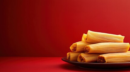 Stack of homemade tamales on black plate, red backdrop