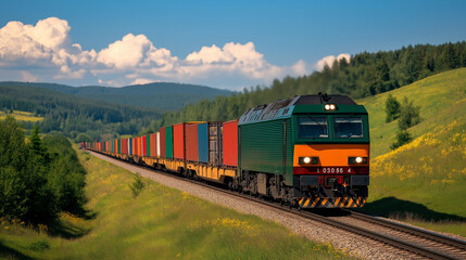 Obraz premium Railway Freight Transport: A long freight train carrying a variety of goods through a scenic landscape, representing the vital role of railways in the transportation business.