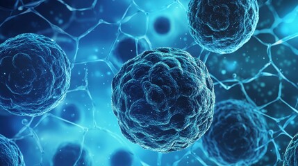 Close-up of cells under magnification, with sharp clarity, showing fine details of molecular biology on a blue-tinted background