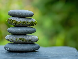 Smooth, round stones layered in moss, forming a natural seat in a garden, moss and stone, garden relaxation concept