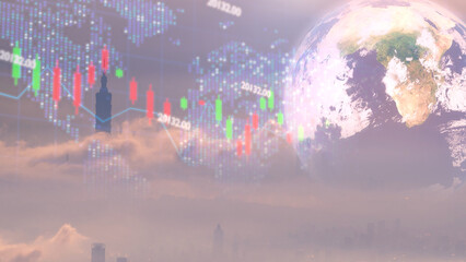 Futuristic cityscape, rotating earth and dynamic stock market data overlay. Symbolizing the interconnectedness of the global economy and the impact of financial markets on the urban environment.
