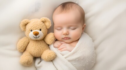 Softly lit image of a peaceful newborn baby and a whimsical teddy bear.