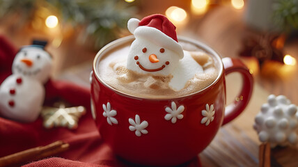 Christmas Hot Chocolate with Marshmallow Snowman and Bokeh Lights

