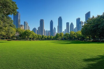 Fototapeta premium Lawn of financial center, Qingdao, China, Generative AI