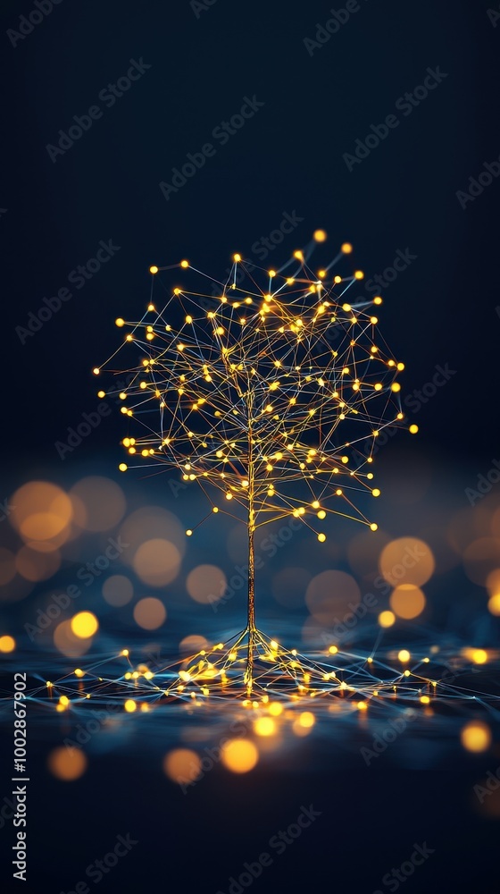 Poster glowing tree with bright lights on dark background