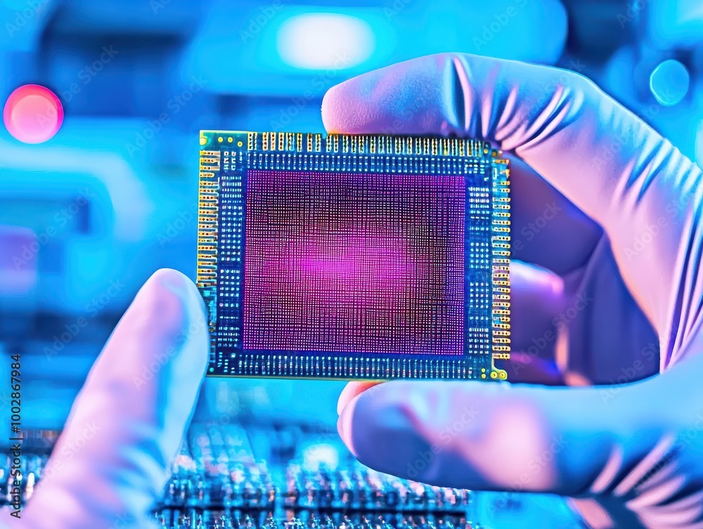 Aufkleber hand holding a microchip with colorful background