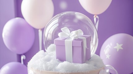 A purple box with a white bow sits in a glass ball