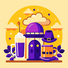 St Patrick Day concept with irish pub, beer mugs, shamrocks and hat. Scalable vector SVG illustration