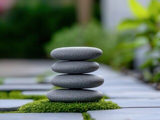A zen garden with smooth mossy stones arranged in calming patterns, moss and stone, Japanese garden concept