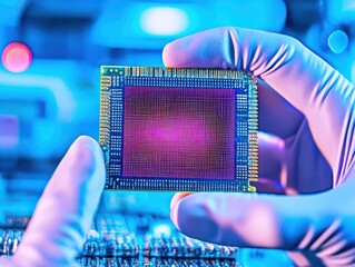 Hand holding a microchip with colorful background