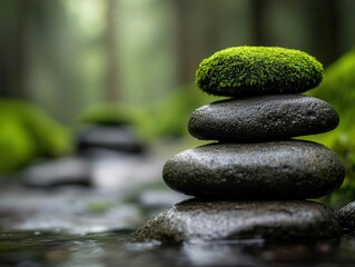 A group of moss-covered stones forming a natural seating area in a forest, moss and stone, outdoor retreat concept