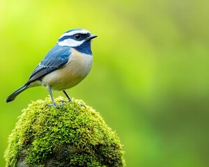 Obraz premium A bird perched on a moss-covered stone in a dense woodland, moss and stone, wildlife and nature harmony concept