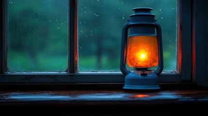 A warm glow emanates from a lantern placed on a windowsill as rain falls gently outside