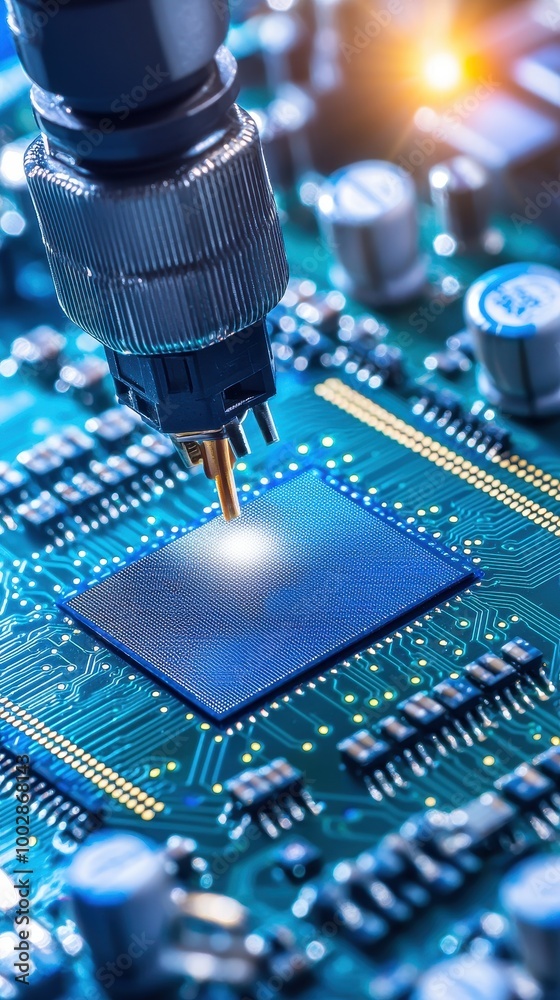 Poster Microchip assembly process, blue circuit board.