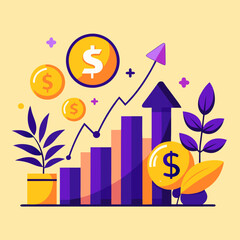 Financial growth concept with upward trend graphs and money symbols. Scalable vector SVG illustration