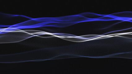 Futuristic dot wave. Abstract digital particle wave. Technology background. Colored musical wave. Dark background. Digital background with smooth, wavy curves. 3D rendering