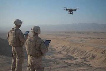 Two soldiers are looking at a drone flying in the sky