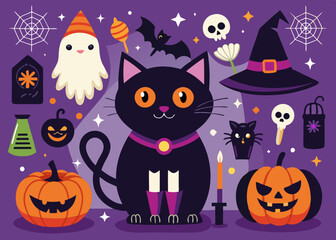 Halloween illustrations and design elements with black cat