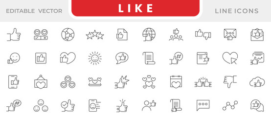 Like line icon set. Feedback, rating, like, dislike,  feedback, thumbs up, favorite, positive, best, confirmation, approval Line icon set. UI thin line icon set.