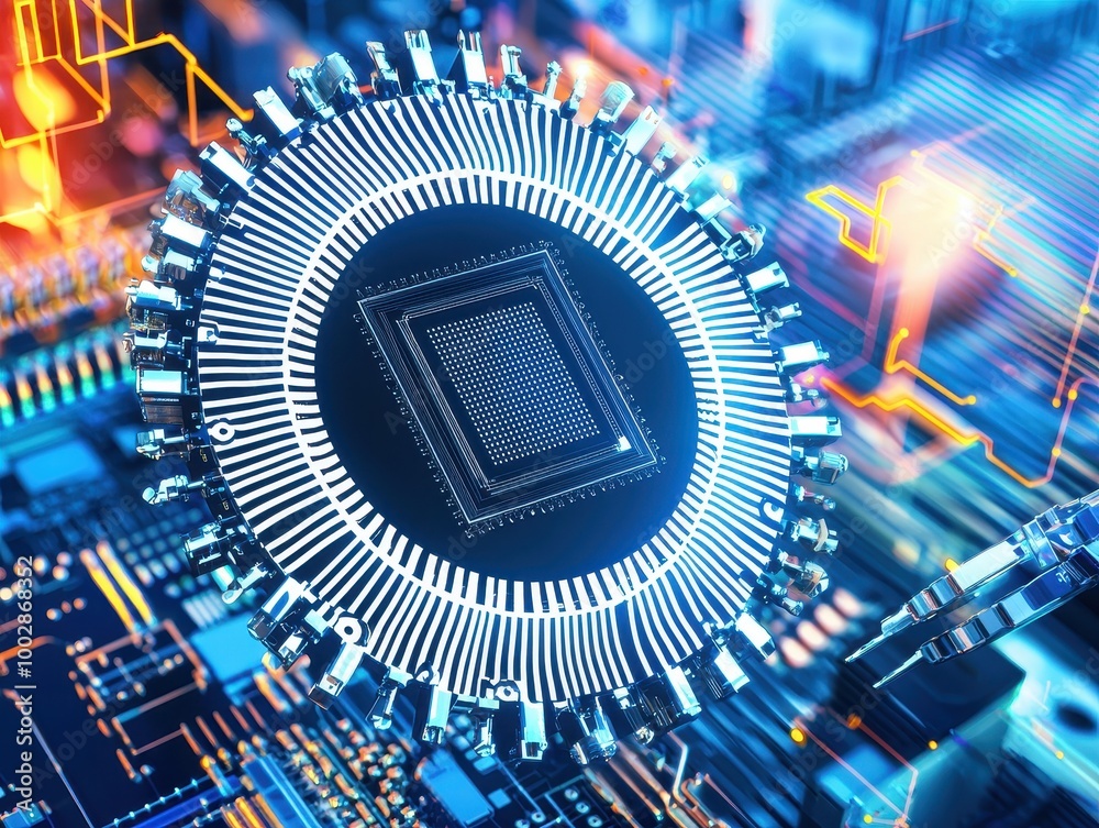Poster Microchip on circuit board, blue isolate background