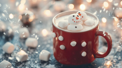Fototapeta premium Christmas Hot Chocolate with Marshmallow Snowman and Bokeh Lights 