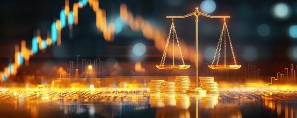 Abstract scales symbolizing justice and finance with glowing effects.