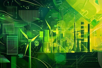 A green background with a cityscape and windmills