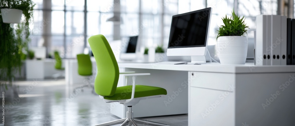 Wall mural modern office setup featuring a green chair, desk, computer, and vibrant indoor plants, creating a f