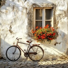 A rustic bicycle leans against a charming white wall. Vibrant flowers bloom in the window nearby. This scene captures a peaceful moment in the countryside. Ideal for a travel or lifestyle theme. AI