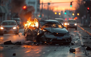 Fototapeta premium Car crash. Auto failure on road. Bumper hit, automobile. Wreck smash wheel. Concept of emergency or insurance. Traffic breakdown. Dangerous accident
