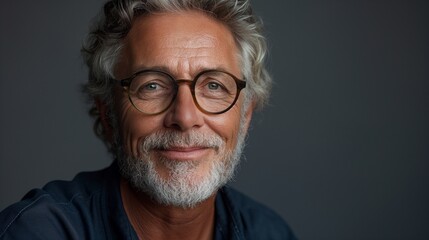 Obraz premium Elderly man with glasses, gray hair, and beard smiling warmly in a closeup portrait.
