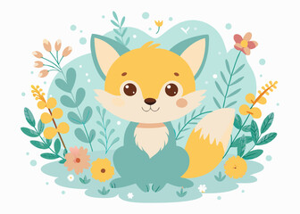 Cute Cartoon Fox with flowers