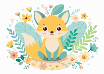 Cute Cartoon Fox with flowers