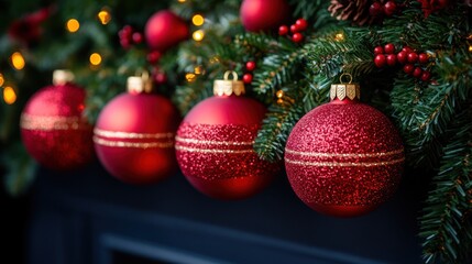 Obraz premium Red ornaments hang from branches, surrounded by soft lights and greenery this holiday season