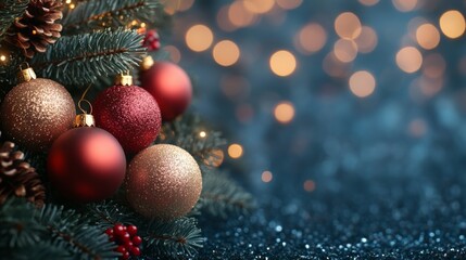 Christmas and New Year holidays background. Christmas tree with red and golden baubles and lights bokeh background. Space for text. Copy space. Greeting card.