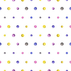 Beads sewn from felt fabric, different colors of yellow, blue, gray, pink with thread stitches. Watercolor illustration, hand drawn. Seamless pattern on a white background.