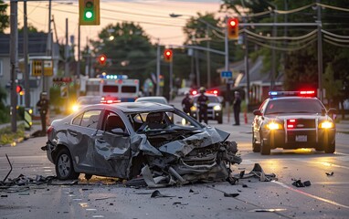 Obraz premium Car crash. Auto failure on road. Bumper hit, automobile. Dangerous accident. Concept of emergency or insurance. Traffic breakdown. Wreck smash wheel